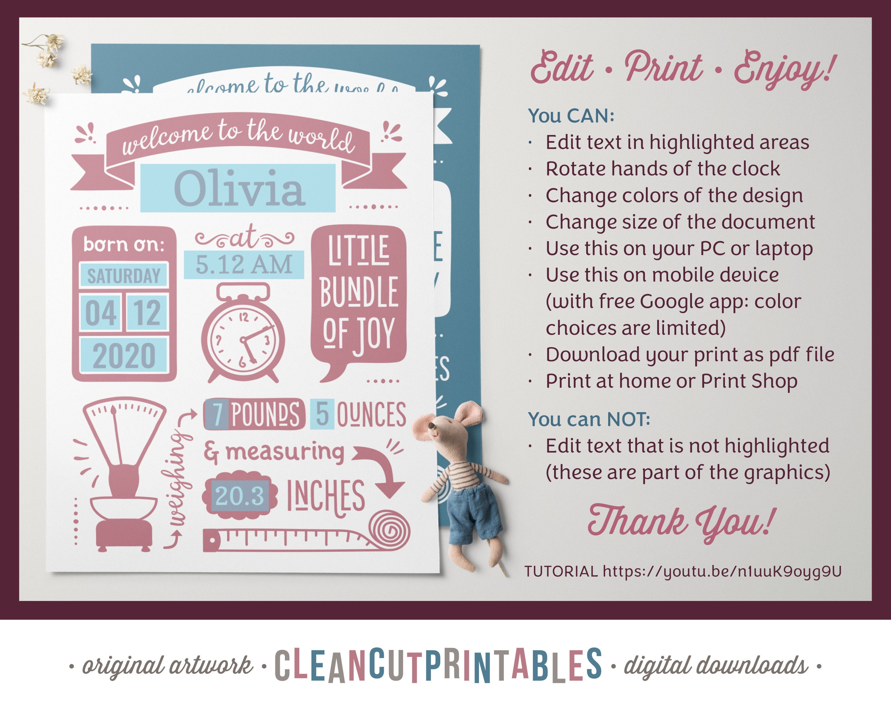 BIRTH ANNOUNCEMENT Template for GOOGLE Baby Birth Stats - Etsy