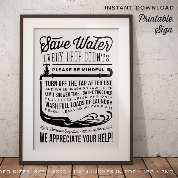 Bathroom Rules Save Water Sign - water conservation don't waste bathe together flush less retro vintage - PDF JPG PNG printable download