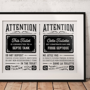 Placa de sistema séptico Bilíngue Inglês Francês Placa de não descarga - Rental Home Airbnb B&B PDF JPG PNG - Imprimir Affiche Fosse Septique download