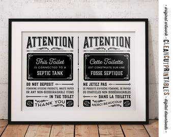 Septic System Zeichen zweisprachige nenglisch Französisch nicht flush Zeichen - Vermietung Home Airbnb B&B PDF JPG PNG - Druck Affiche Fosse Septique download