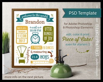 DIY bearbeitbare GEBURTSTAG-ANZEIGE für Photoshop (Elements) - psd Geburtsdaten-Vorlage - niedliches Druckschild Plakatwandkunst groß, sofort download