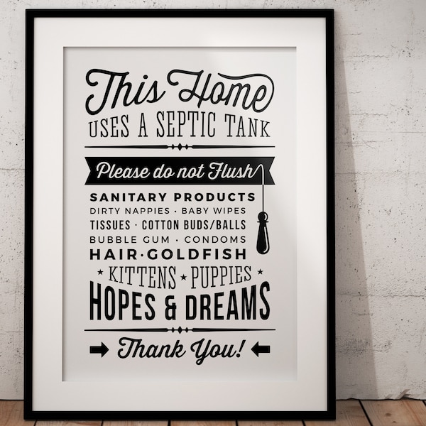 Bathroom Sign Septic Tank Print UK - Funny Do Not Flush Hopes & Dreams Printable graphic black white nappies cotton buds - instant download