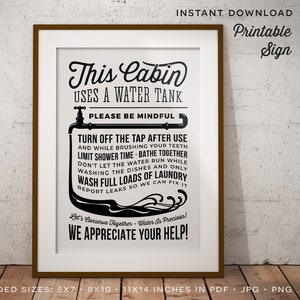 Regole dell'acqua Segno per cabina con serbatoio d'acqua - noleggio airbnb business conservare risparmiare siccità dell'acqua - PDF JPG PNG download istantaneo stampabile