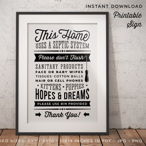 Bathroom Sign Septic System - Do Not Flush - Use Bin Provided toilet sign - PDF JPG PNG jpeg - Printable Digital Artwork - instant download