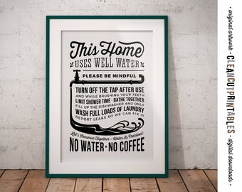 Water Rules Sign for Home with Water Well - save water conserve drought waste funny coffee - PDF JPG PNG instant download graphic printable