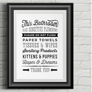 Bathroom Sign Sensitive Plumbing - Do Not Flush Hopes & Dreams - Printable funny wall art toilet - retro/vintage sign - PDF instant download