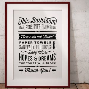 Bathroom Sign Sensitive Plumbing (no Septic System) - Bathroom wall art decor - PDF JPG PNG - Printable Digital Artwork - instant download