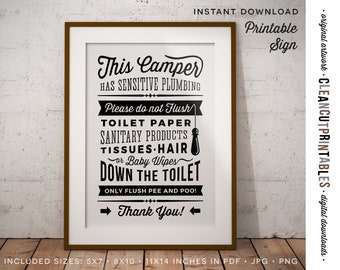 Camper Schild Empfindliches Klempnerei - Toilettenpapier zum Ausdrucken - Schwarz Weiß Vintage Schild - Sofort-Download