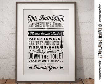 Badezimmer Zeichen empfindliche Sanitär Toilette wird blockieren - nicht spülen Toilette Zeichen - PDF JPG PNG - druckbare digitale Kunstwerk - sofortiger Download