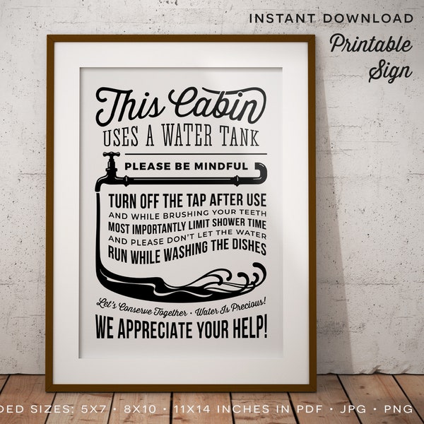 Water Rules Sign for Cabin with Water Tank - do not waste water sign - save water use water wisely - PDF JPG PNG instant download printable
