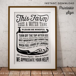 May include: Black and white printable sign that reads "This Farm Uses A Water Tank. Please Be Mindful. Turn Off The Tap After Use And While Brushing Your Teeth. Most Importantly Limit Shower Time. Flush Less Often And Only Wash Full Loads Of Laundry. Report Leaks So We Can Fix It. Let's Conserve Together. Water Is Precious! We Appreciate Your Help!"