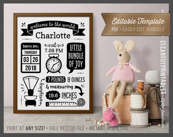 BIRTH STATS Druckvorlage editierbare Pdf Geburtsanzeige - Druck Zeichen Poster Wand Kunst groß schwarz weiß sofort download