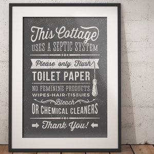 Cottage Bathroom Septic Sign Chalkboard Look - Only Flush Toilet Paper - PDF JPG - Printable Digital Poster white grey sign instant download