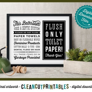 Septic System Bathroom Sign - Flush Only Toilet Paper - garbage provided - landscape - PDF JPG PNG Printable Digital sign- instant download