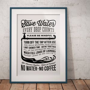 May include: Black and white printable sign with the text "Save Water Every Drop Counts" and a cartoon illustration of a faucet. The sign also includes the text "Please Be Mindful" and a list of ways to conserve water. The sign ends with the text "Let's Conserve Together - Water Is Precious! No Water - No Coffee."