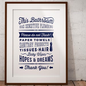 Bathroom Sign Sensitive Plumbing (no Septic System) in navy blue - Do Not Flush toilet sign - PDF JPG PNG Printable Digital instant download