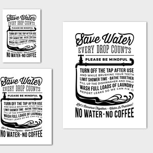 May include: Black and white printable sign with the text "Save Water Every Drop Counts" and a list of ways to conserve water. The sign has a vintage style font and includes a faucet graphic.