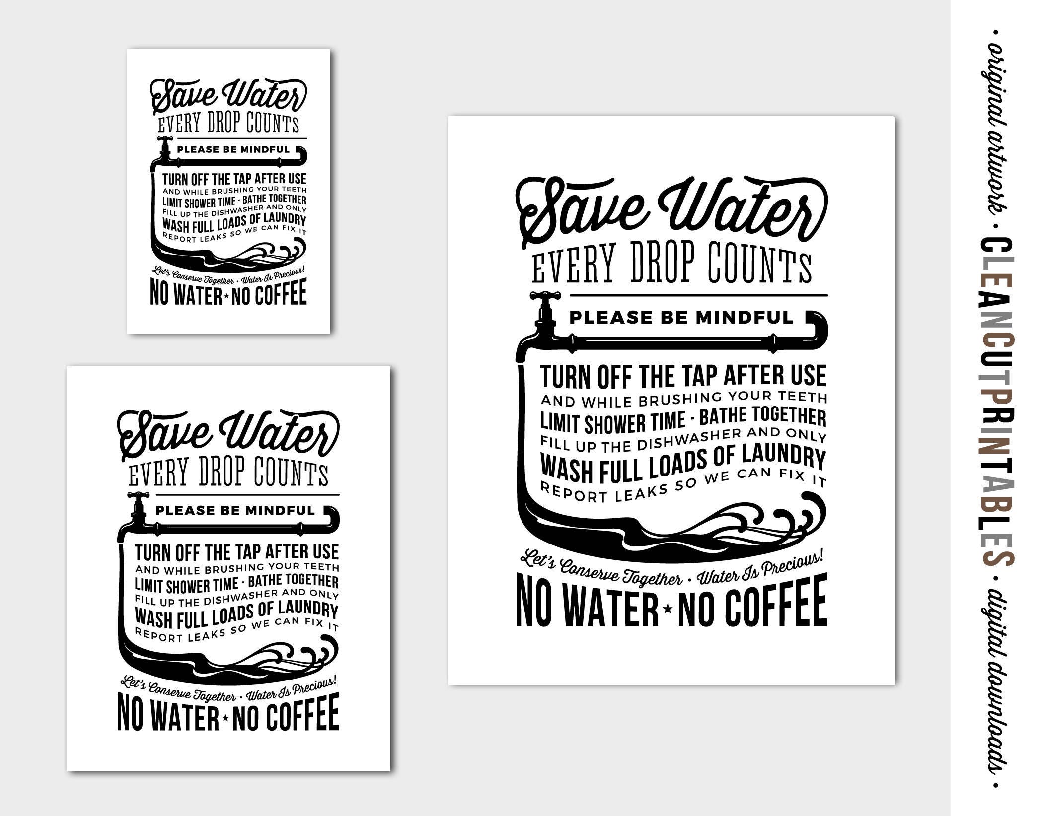keep calm and save water bac Save Water Sign - Water Conservation Poster - Drought Don't Waste Funny  Coffee Black Retro/vintage - PDF JPG PNG Instant Download Printable