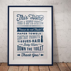 Bathroom Sign Septic System Navy - Do Not Flush toilet sign - PDF JPG PNG - Printable Digital Artwork - retro/vintage sign- instant download