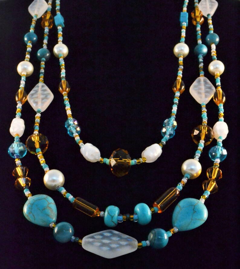 Turquoise Gold and White 3 Strand Necklace Set Etsy