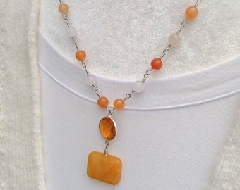 Carnelian and Citrine Necklace, Sterling Silver Necklace, Gemstone Chain Necklace, Citrine and Aventurine Pendant Necklace, Gift for Her