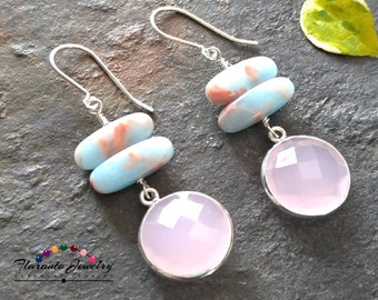 Roze Chalcedoon Oorbellen, Edelsteen Oorbellen, Roze en Blauwe Oorbellen, Sterling Zilveren Oorbellen, Gratis Verzending, Cadeau voor Haar