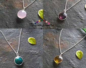 Birthstone Chain Necklace, Sterling Silver Necklace, Gemstone Round Pendant, Birthstone Pendant, Free Shipping , Gift for Her