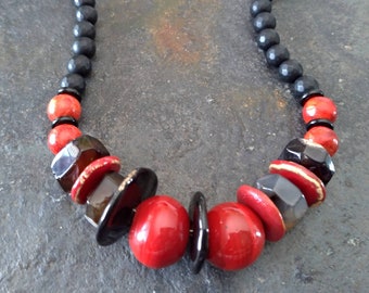 Red and Black Necklace, Kazuri Necklace, Red Coral and Agate Necklace, Black Onyx Necklace, Gemstones Necklace, Sterling Silver Necklace