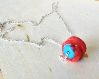 Red and Blue Vintage Lampwork Pendant, Lampwork Necklace, Sterling Silver Chain Necklace, Lampwork Bead and Chain Necklace, Gift for Her