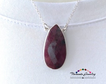 Ruby Teardrop Double Bail Pendant, Sterling Silver Pendant, Ruby Chain Necklace, Gemstone and Sterling Silver Pendant, Gift For Her