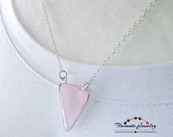 Pink Triangle Pink Chalcedony Necklace, Sterling Silver Necklace, Gemstone Pendant Necklace, Pink Chalcedony Pendant, Gift for Her