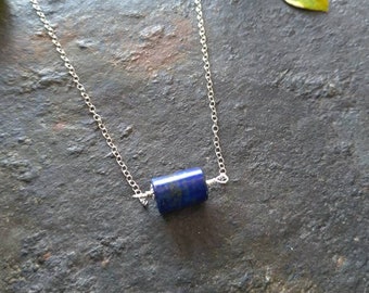 Lapis Tube Necklace, Sterling Silver Necklace, Blue Gemstone Necklace, Blue Chain Necklace, Blue Chain Lapis Necklace, Gift of Her