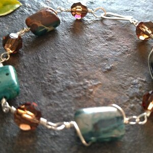 Brown Bracelet, Gemstones Bracelet, Wire Wrapped Bracelet, Swarovski Bracelet, Glass Bracelet, Crystal Bracelet, Gift for Her