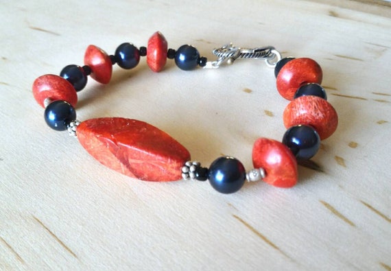 Blue Azure Bracelet, Pearls Bracelet, Swarovski Bracelet, Red Coral Bracelet, Antiqued Beads Bracelet, Holiday Gifts for Her under 50