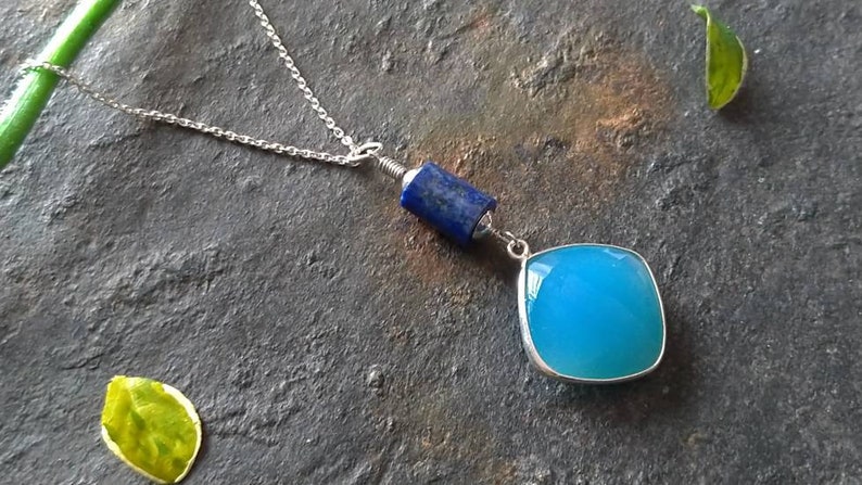Gift Blue Onyx and Blue Lapis Necklace Sterling Silver Blue Necklace Blue Onyx Peandant Lapis Pendant Necklace Gemstone Chain Necklace
