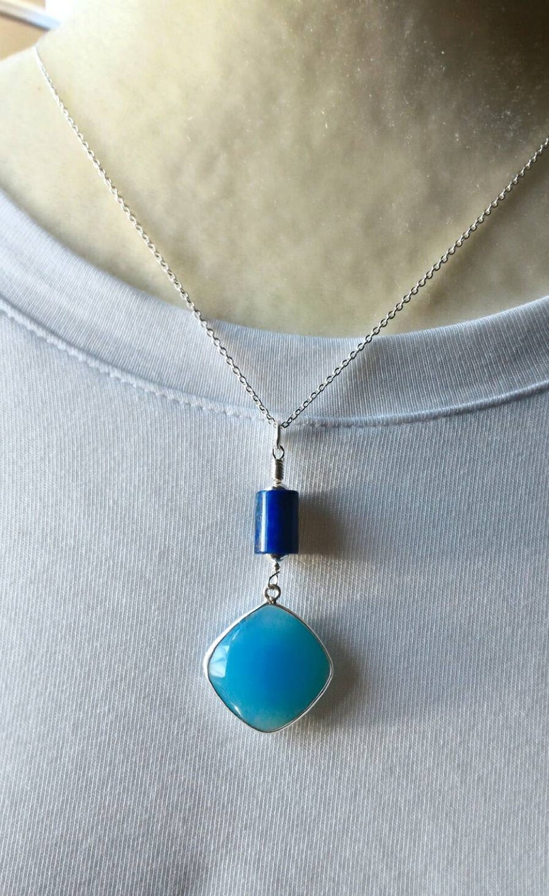 Gift Blue Onyx and Blue Lapis Necklace Sterling Silver Blue Necklace Blue Onyx Peandant Lapis Pendant Necklace Gemstone Chain Necklace