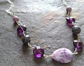 Amethyst and Black Labradorite Necklace, Purple Gemstone Necklace, Sterling Silver Necklace, Chain Necklace, Free Shipping, Gift for Her