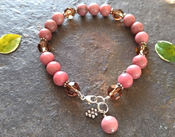 Pink and brown Bracelet,Rhodonite Bracelet,Swarovski Bracelet,Sterling Silver Bracelet,Grape Charm Bracelet,Holiday Gifts for Her , Bracelet