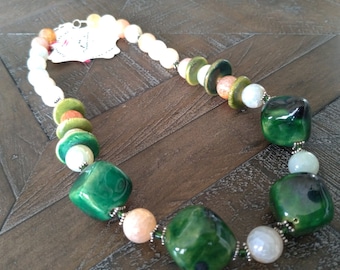 Kazuri and Agate Necklace, Green and Brown Necklace, Statement Necklace, African Necklace, Mother's Day Gift