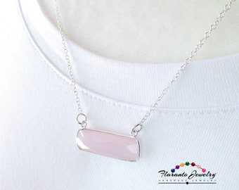 Pink Chalcedony Rectangle Necklace, Sterling Silver Rectangle Necklace, Gemstone Necklace, Chalcedony Pendant, Free Shipping, Gift for Her