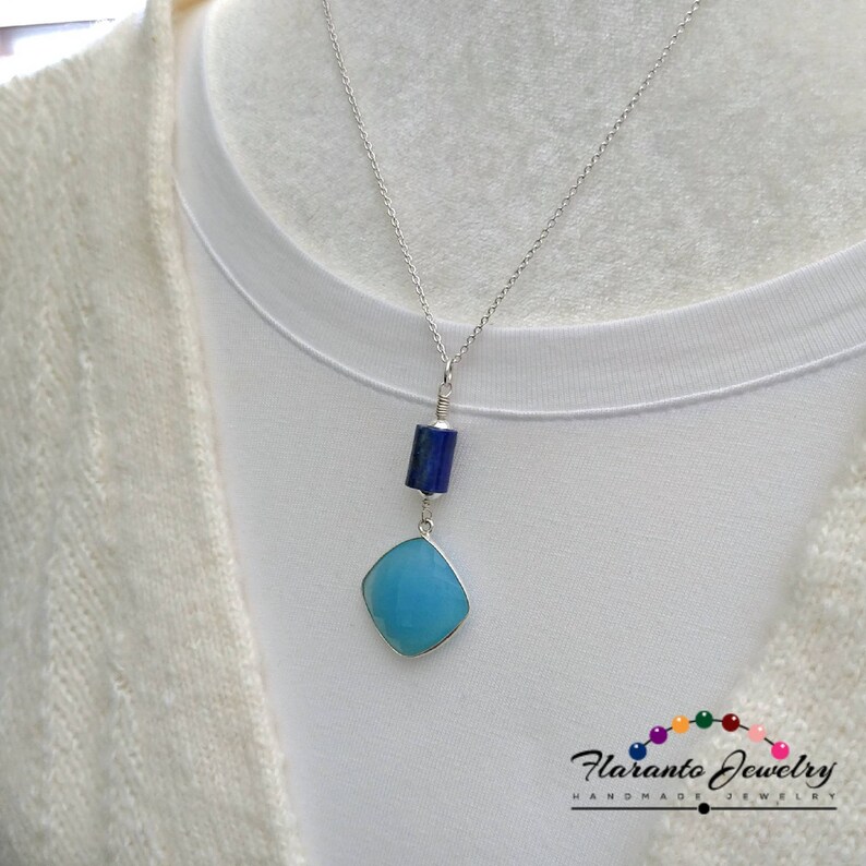 Gift Blue Onyx and Blue Lapis Necklace Sterling Silver Blue Necklace Blue Onyx Peandant Lapis Pendant Necklace Gemstone Chain Necklace