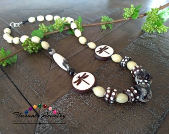 Dragon Fly Necklace, Statement Necklace, Dalmatian Necklace, Beige and Black Necklace, Mother's Day gift, Birthday Gift