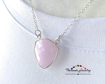 Pink Chalcedony Chain Necklace, Sterling Silver Necklace, Gemstone Trillion Necklace, Chalcedony Pendant, Free Shipping, Gift for Her