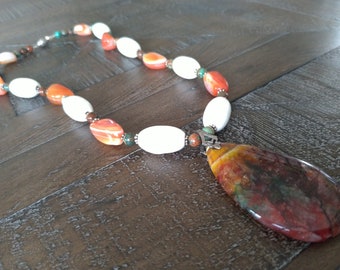 Carnelian and White Porcelain Necklace, Statement Necklace, Agate Pendant Necklace,Jasper Necklace, Mother's Day Gift