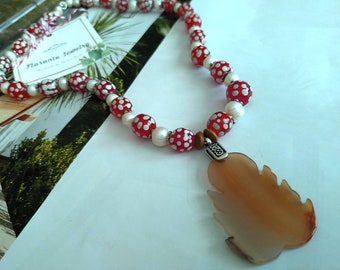 Ancient Ghana Beads Necklace, Freshwater Necklace, Agate Leaf Necklace, Sterling Silver Necklace, Dot Necklace, Gemstone Necklace