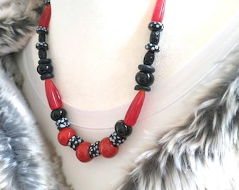 African Statement Necklace, Red and Black Necklace, Gemstone Necklace, Ghana Krobo Necklace, White Dots Necklace