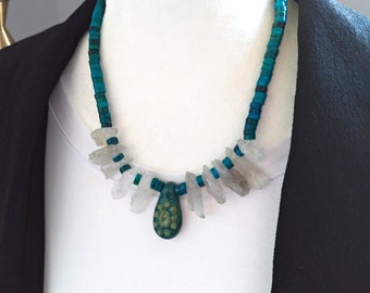 Chrysocolla Necklace, Lemon Quartz Necklace, African Statement Necklace, Kazuri Necklace