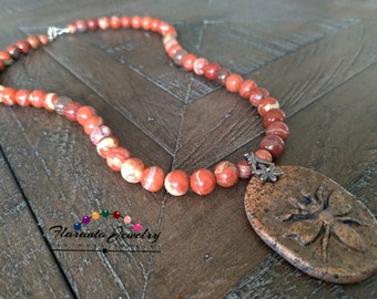Hornet Pendant and Red Jasper Necklace, Gemstones Necklace, Sterling Silver Necklace, Flower Bail Necklace, Jasper Necklace, Gift for Her