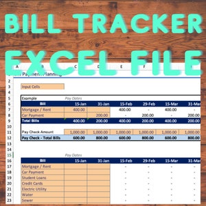 Könnte beinhalten: Eine digitale Excel-Datei mit dem Titel "BILL TRACKER EXCEL FILE" mit einer Beispiel-Rechnungstabelle. Das Arbeitsblatt enthält Abschnitte für Hypotheken, Autozahlungen und Gesamtbeträge. Der untere Teil des Bildes lautet "bill management + credit card management worksheets."