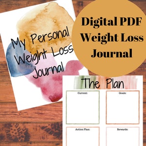 Pode incluir: Um diário digital em PDF para perda de peso com detalhes em aquarela. A capa diz "My Personal Weight Loss Journal". O diário inclui uma página de "Plano" com seções para o status atual, metas, plano de ação e recompensas, além de um compromisso.
